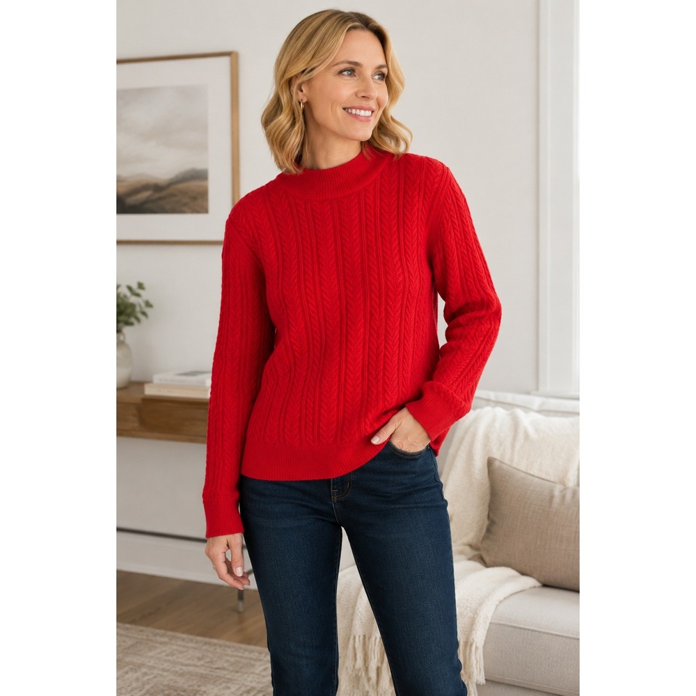 Talbots Womens Red Cable Knit Sweater 100% Cotton Mock Neck Classic Pullover